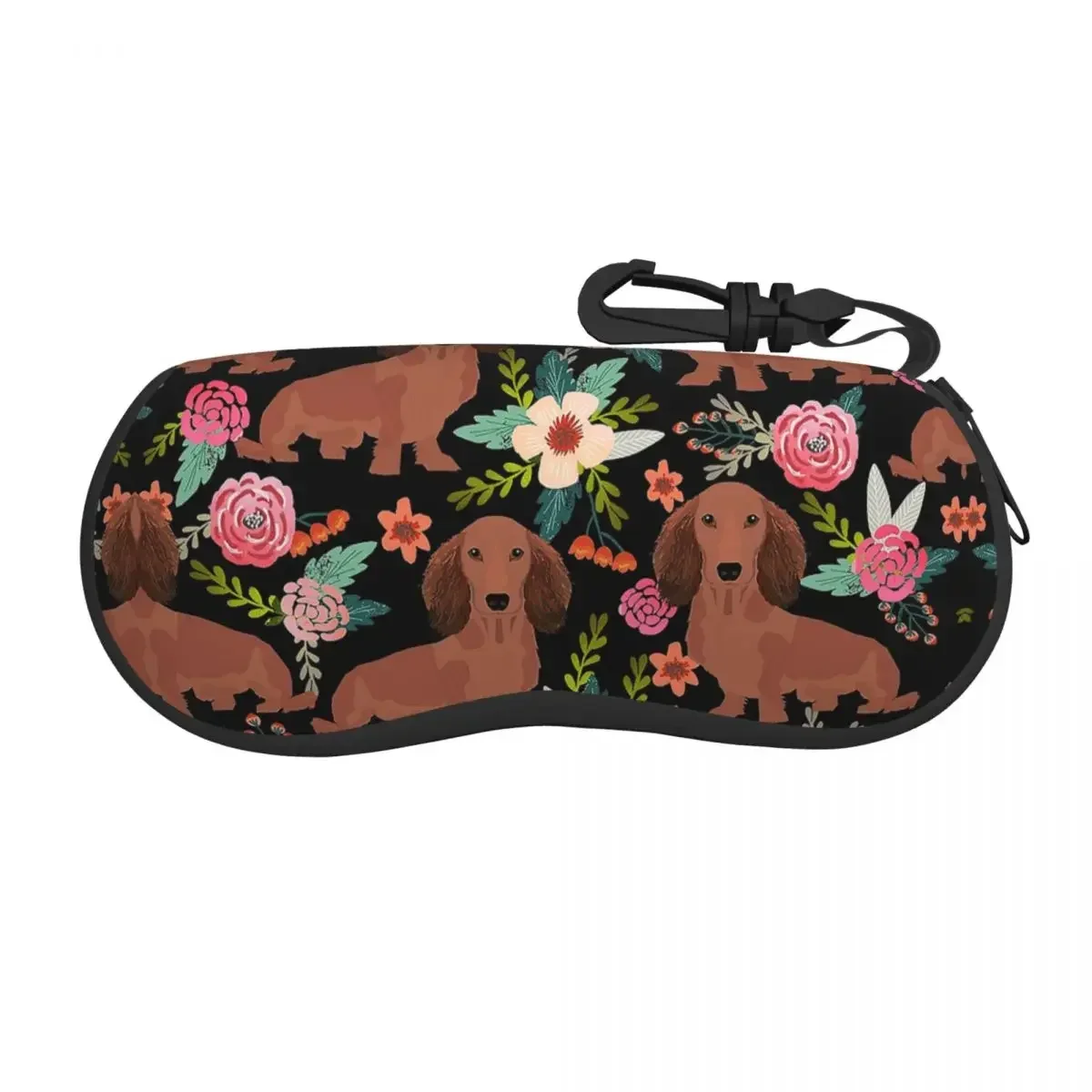 Dachshund Dogs With Flowers Glasses Case Protective Zipper Dog Lover Glasses Storage Box Ultra Glasses Box