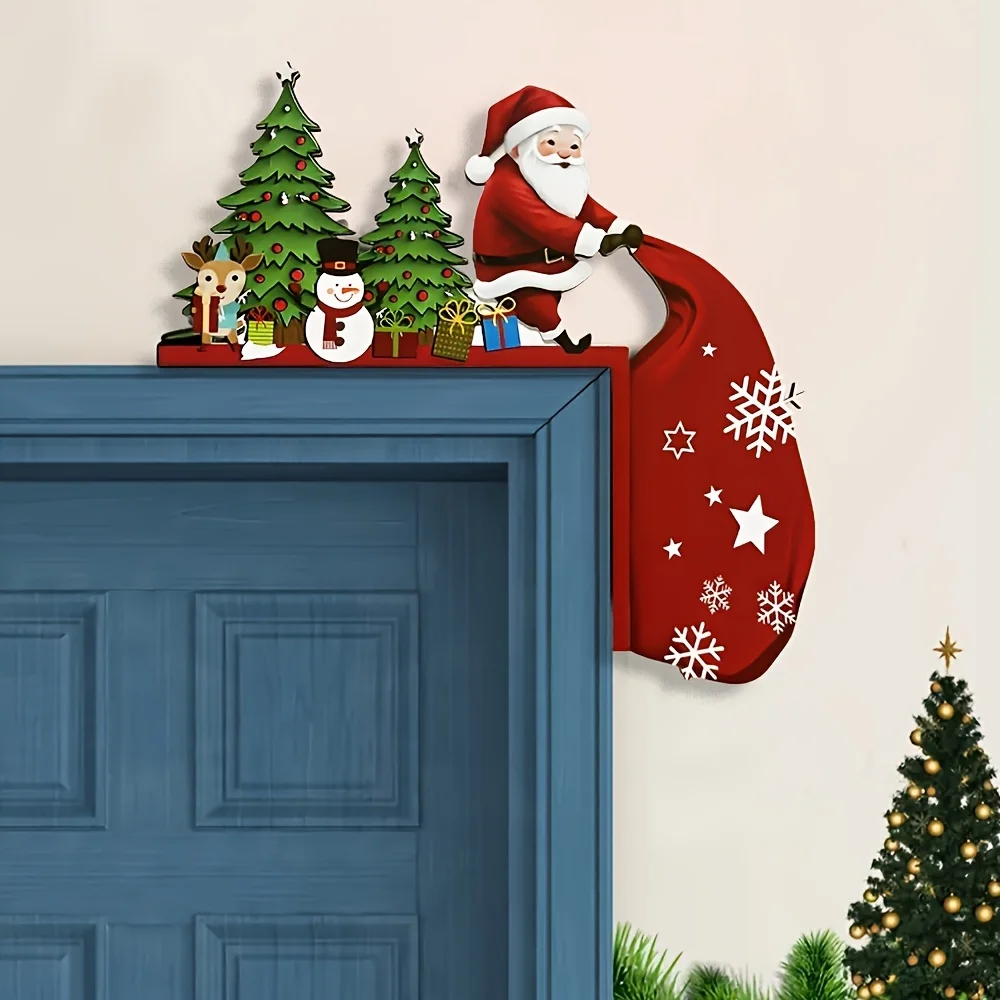 1 pieces of antique wooden Christmas door corner decoration -1 piece of Santa Claus with reindeer and snowman
