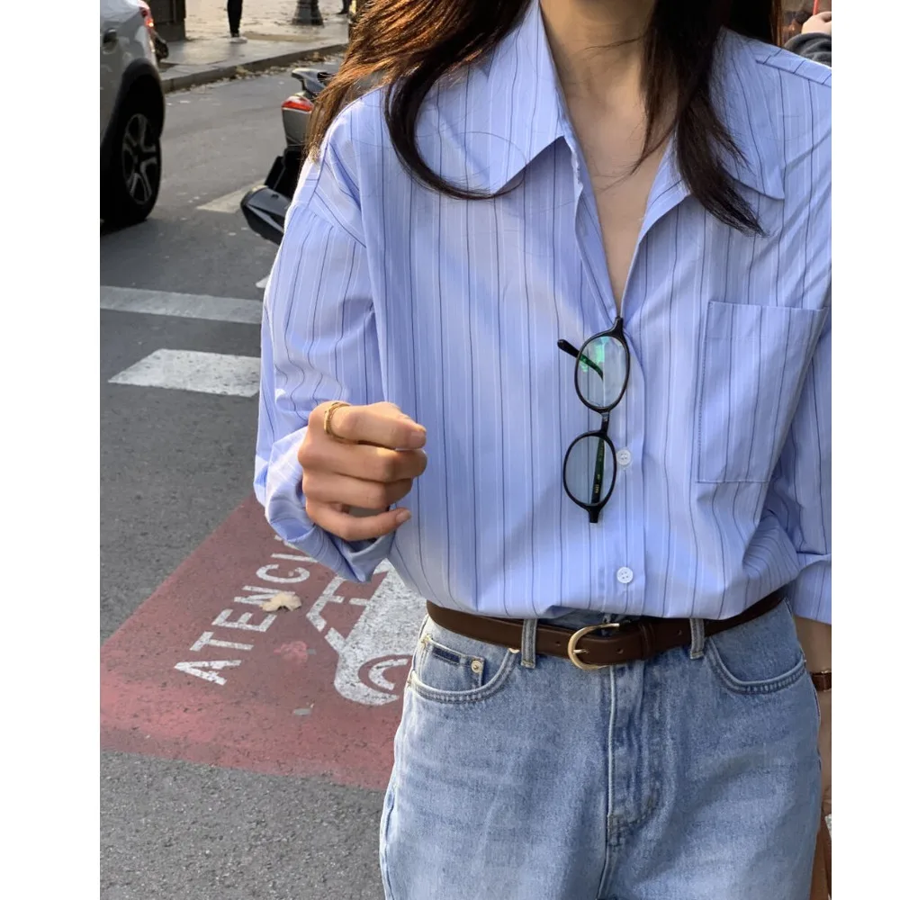 

Корейский повседневный свободный женский топ в полоску для молодых женщин на весну, лето, осень