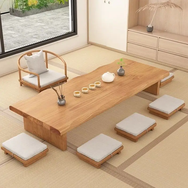 Japanese-style solid wood tea table and chairs combined with tatami kang , floor table, tea long strip Zen-style low tea table