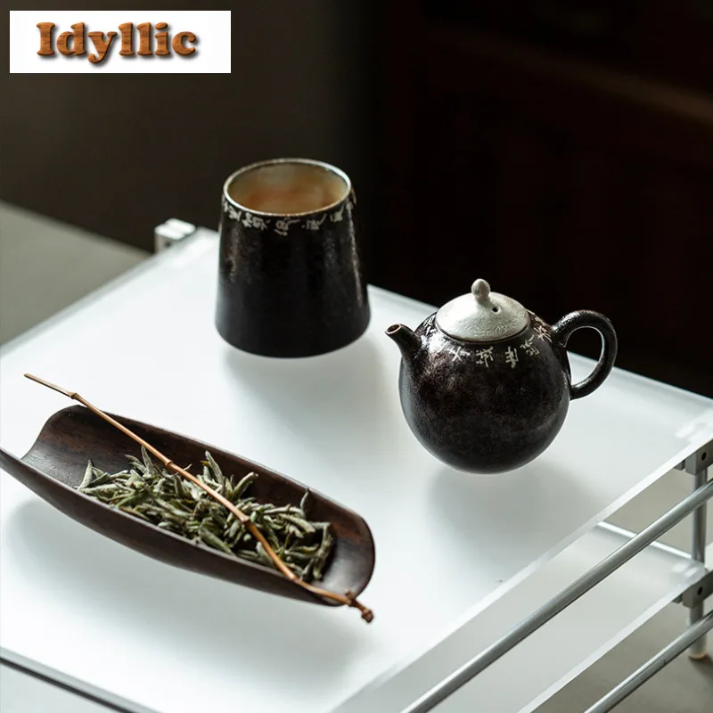 120 مللي إبريق شاي أسود لامع مرسومة يدويًا وعاء مصفاة شاي قديم لصنع الشاي غلاية مع فتحة كروية ومقاهي Puer لوازم حرفية