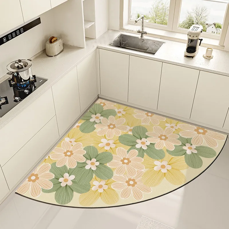 Carpet for Kitchen Floor Mat Pvc Waterproof Leather Non-slip Foot Mats Spring Flower Carpets Fan-shaped Rug Home Decoration Rugs