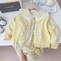 Kids Girls Clothes Cute Lace Floral Princess Dress + Knit Cardigan Two-piece Sets Toddler Girl French Dress Baby Girl Outfit Set