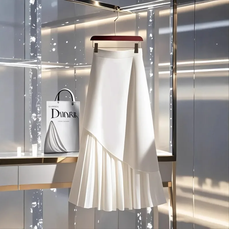 Ladies' White A-line Skirt, New Style High-waisted Spliced Pleated Long Skirt, Slimming and Hip-covering Elegant Commuter Skirt