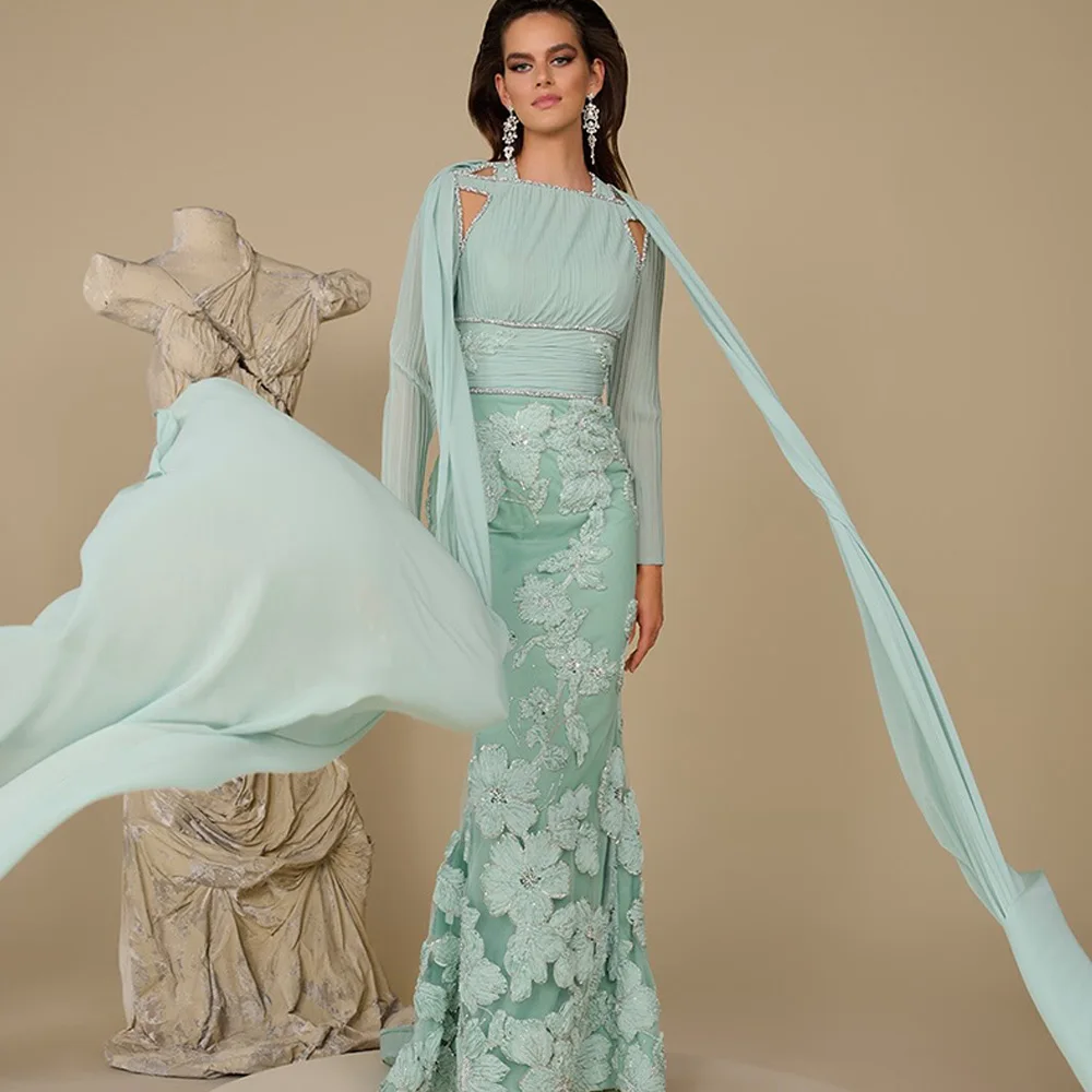 

Exquisite Appliques Satin Homecoming Dress Classic Chiffon Long Sleeves Evening Dress Elegant Mermaid Crys0tal Vestido De Festa