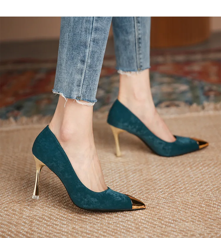 Size 30-43 Flock High Heel Shoes Women Black Green Heels Pointed Stiletto Sexy Party Shoes