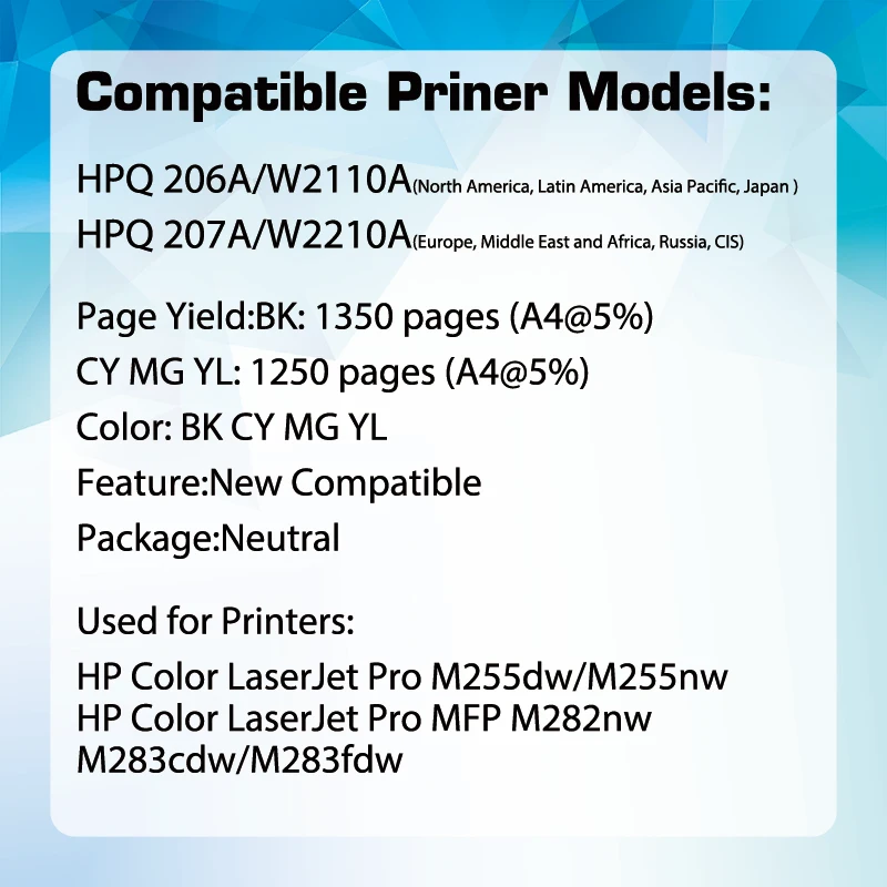 HP Color Laserjet pro,207a,206a,w2210,w2110,m255dw,mfp,m282,m283と互換性のあるチップ付きトナーカートリッジ