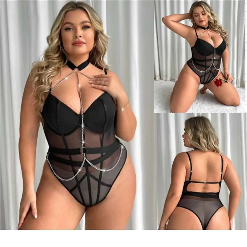 Wholesale Women\'s Pushed Up Plus Size Lingere Underwear Large Lady Mesh Transparent Bodysuit XXL Costumes with Chain