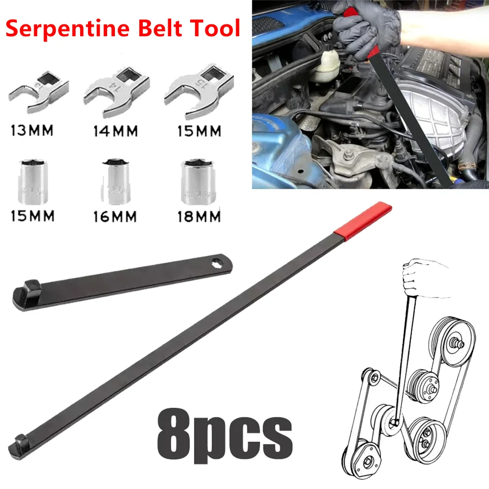 

8PCS Serpentine Belt Tool Set 3/8" 1/2" Crowfoot Socket Wrench Tension Breaker Universal Automotive Repair Accessories Kit
