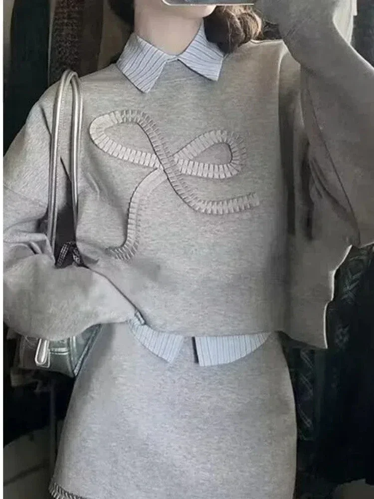 

Japanese Fashion 2 Piece Skirts Sets Women Casual Y2k Sweatshirts Pullover + Mini Skirts Vintage Suits Chic Outwear Autumn Bow