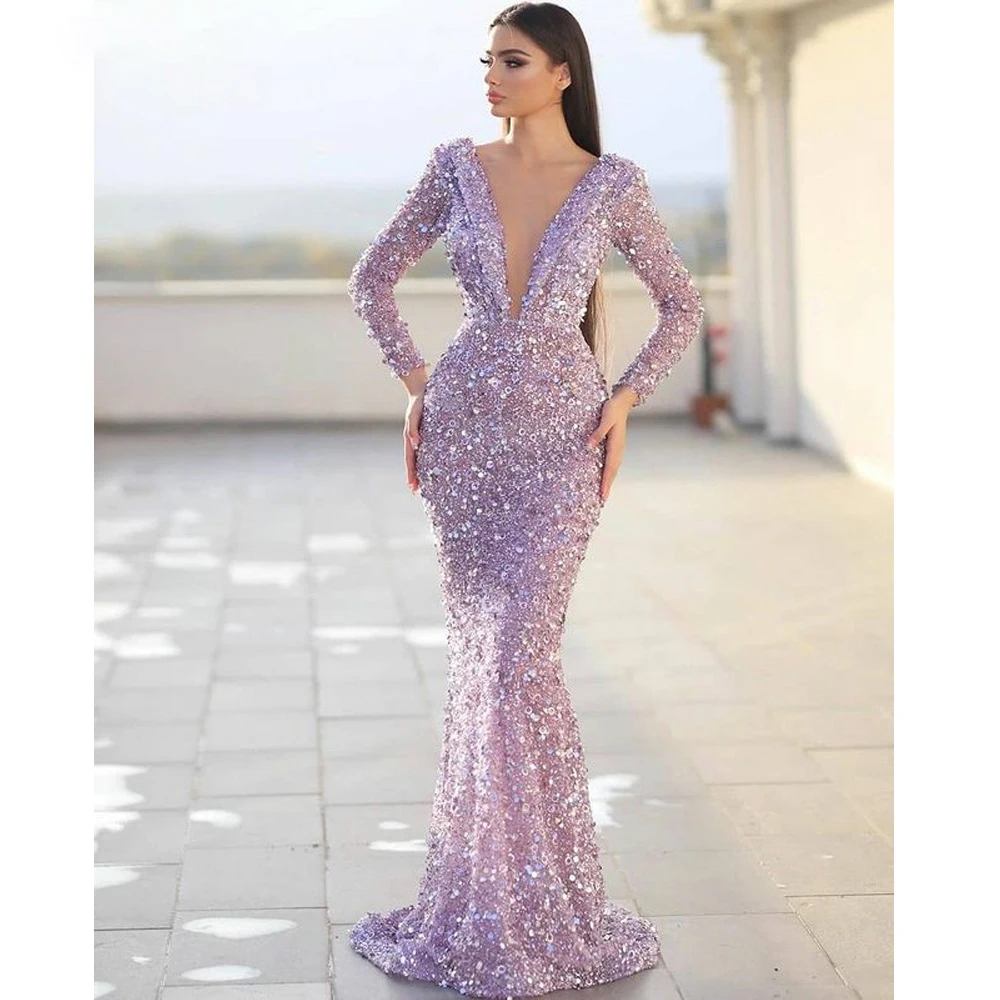 Sexy Ladies Deep V Neck Long Sleeve Sequin Evening Dress Mermaid Luxury Fashion Seaside Formal Party Ball Robes De Soirée Femme