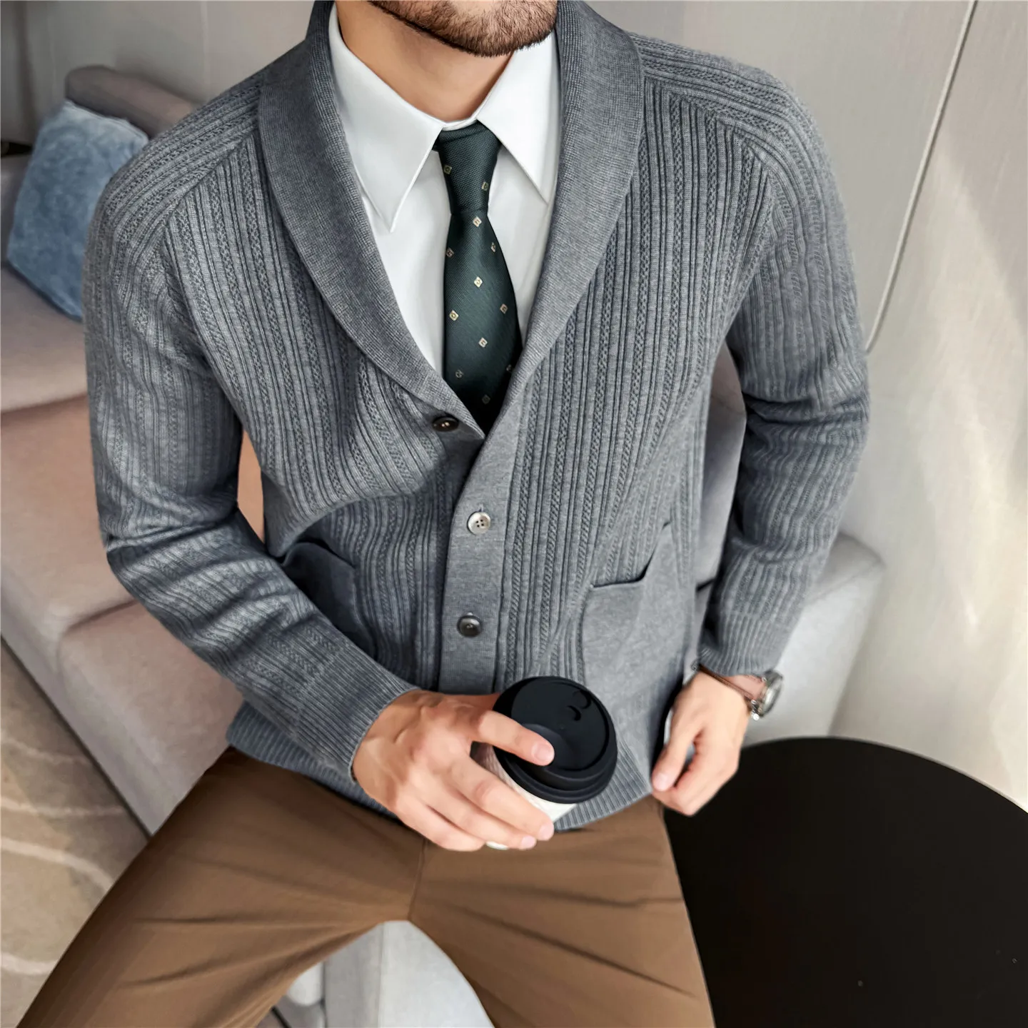 

Autumn Winter Fashion Cardigan Jacket Men's Large Collar Thick Striped Knitted Sweater Cardigan Casual Business Knitted Sweaters