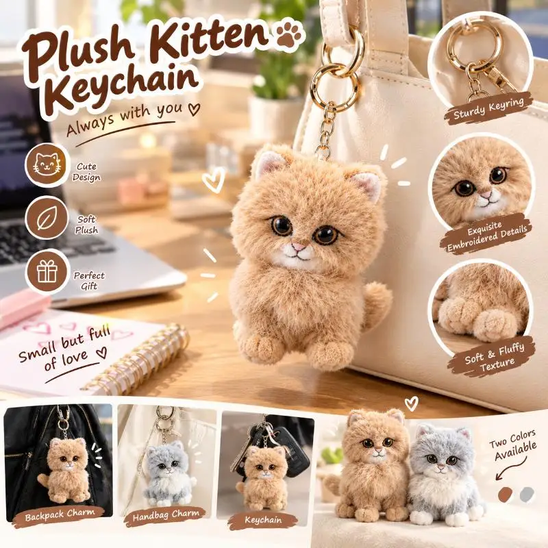 Cute Cartoon Kitten Pendant Cat Keychain Metal Clip Furry Texture Soft Realistic Kitten Shape Bag Charm Animal Keychain Gift