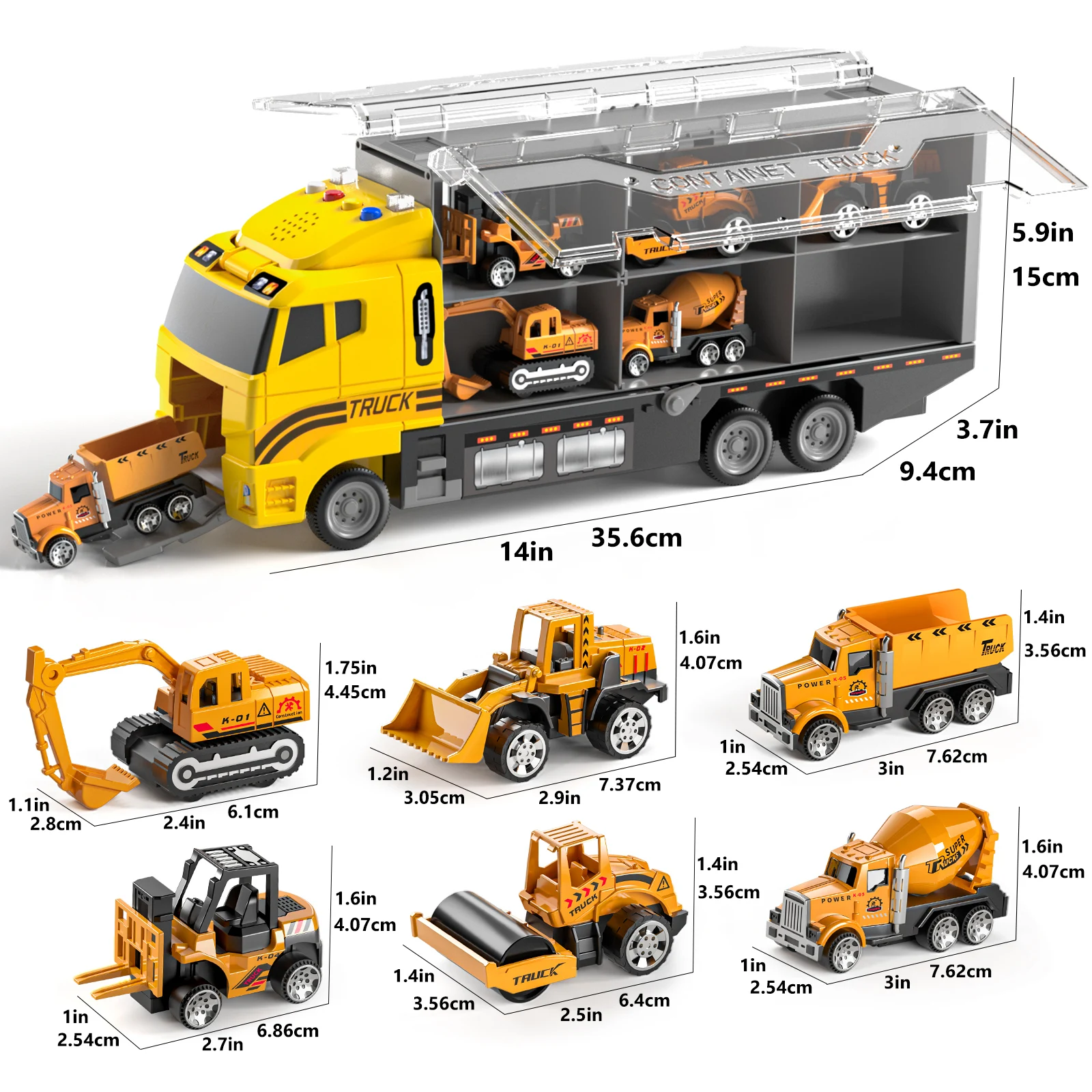 TEMI 대형 컨테이너 운송차 놀이 세트 (플레이 매트 & 6개 미니 엔지니어링 차량 모델 장난감 포함) 어린이 남아 선물
