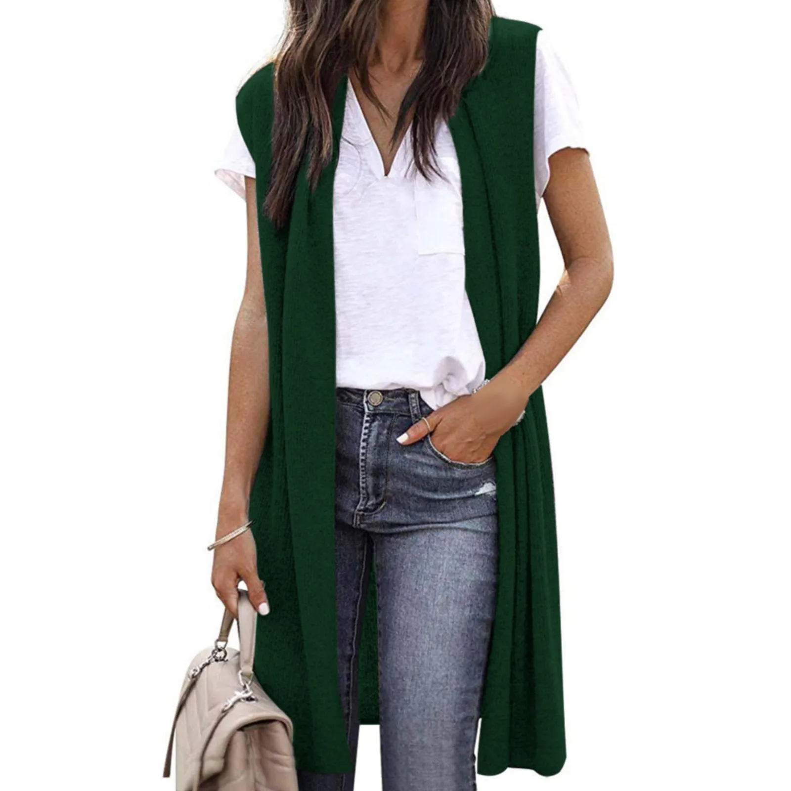 Women\'s Sleeveless Open Front Pocket Causal Lightweight Kimono Cardigan Coat