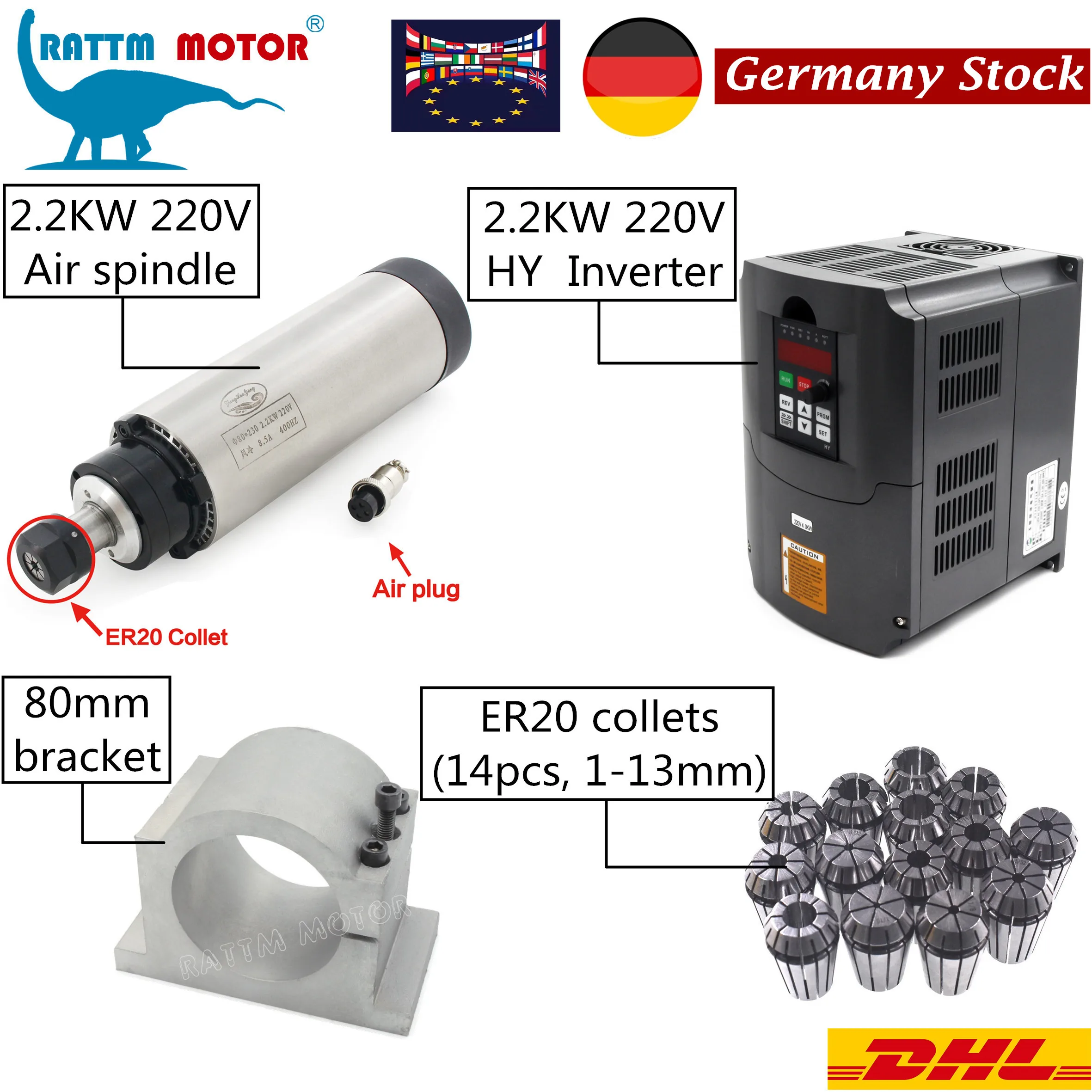 『EU Stock』2.2kw Air Cooled Spindle Kit 220v CNC Motor 80*230mm & 2.2kw Huanyang VFD & 80mm Bracket for wood Milling Engraving