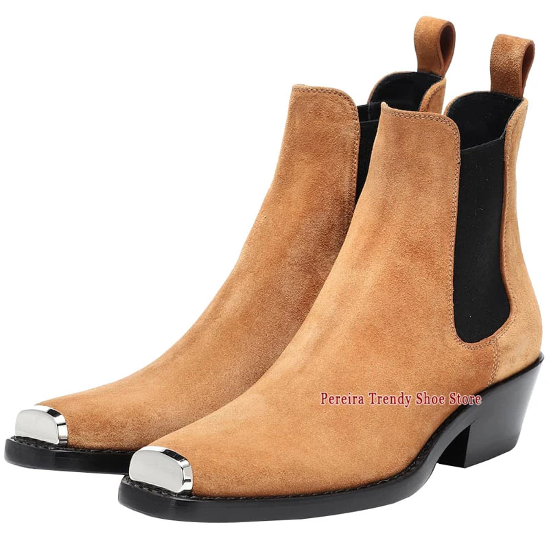Men's Iron Toe Genuine Leather Chelsea Boots British Style Cowhide Slip-On Short Boots Trend Party Banquet Business Dress Shoes
