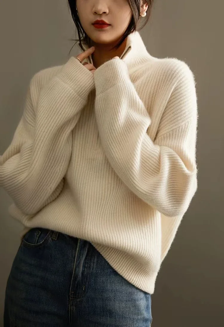 Women\'s Italian Craft 100% Pure Cashmere Sweater Half Zipper Stand Collar Thickened Loose Lapel Pullover Knitted Sweater
