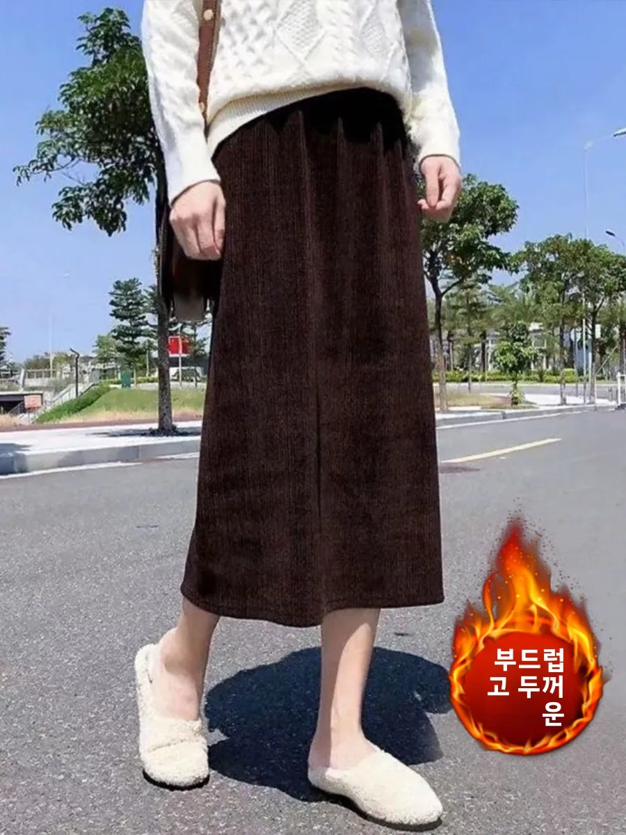 Women's Corduroy  Skirt Elastic Waist Thickened Mid-Length Slimming Fashion Autumn Winter New Style Pocket Design Straigh...