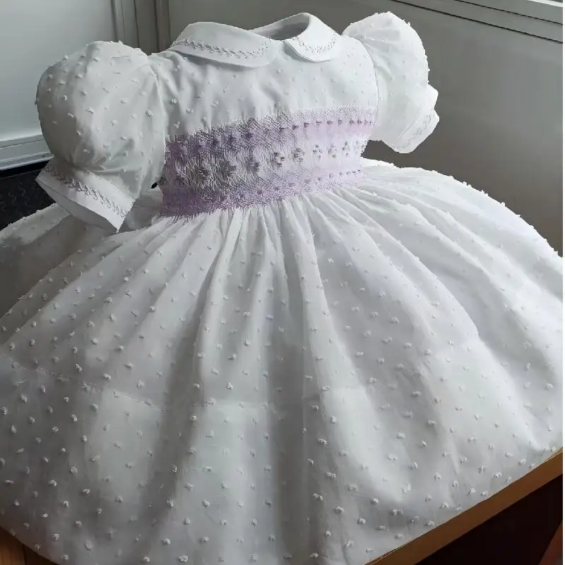 0-12Y Baby Girl Summer Purple Handmade Embroidery White Vintage Princess Dress for Birthday Photography Holiday Eid A249