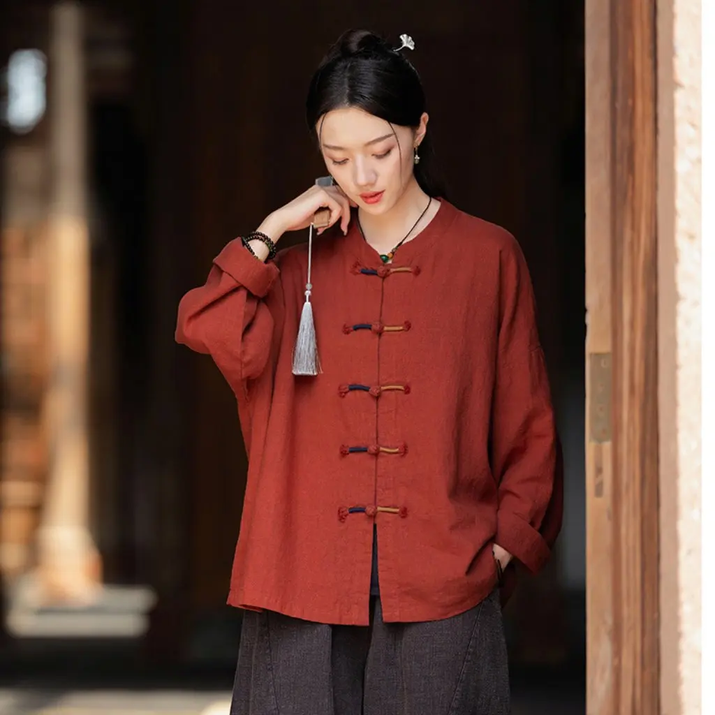 

Женский хлопковый льняной кардиган в стиле ретро с пряжкой Guofeng, контрастная нить, куртка Zen Ramie, новый оригинальный 24