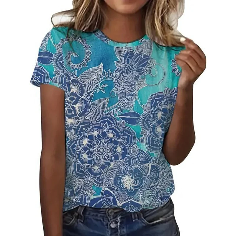 Mandala Floral 3D Print T-Shirts Women's Casual O-Neck Short Sleeve T Shirt Streetwear Harajuku Tees Y2k Tops Female Clothing