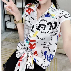 Simplicity Office Lady Summer Women's POLO Collar Printing Diamonds Button Lacing Fashion Loose Short Sleeve Chiffon Shirt Tops