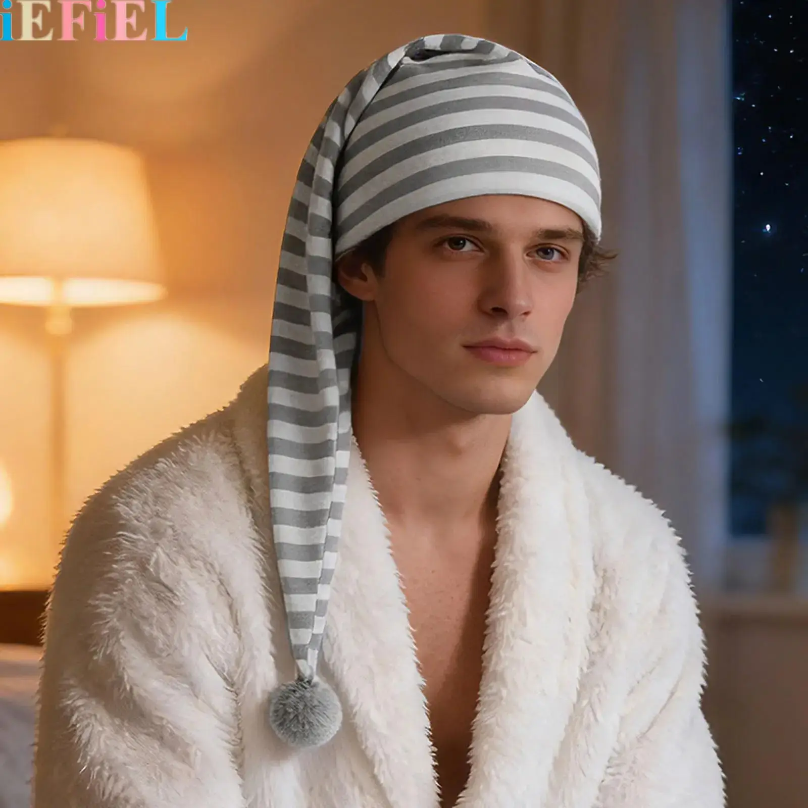 

Men Women Night Cap Hat Adjustable Sleeping Cap Striped Pajama Hat with Pom Ball for Christmas Daily Costume Party