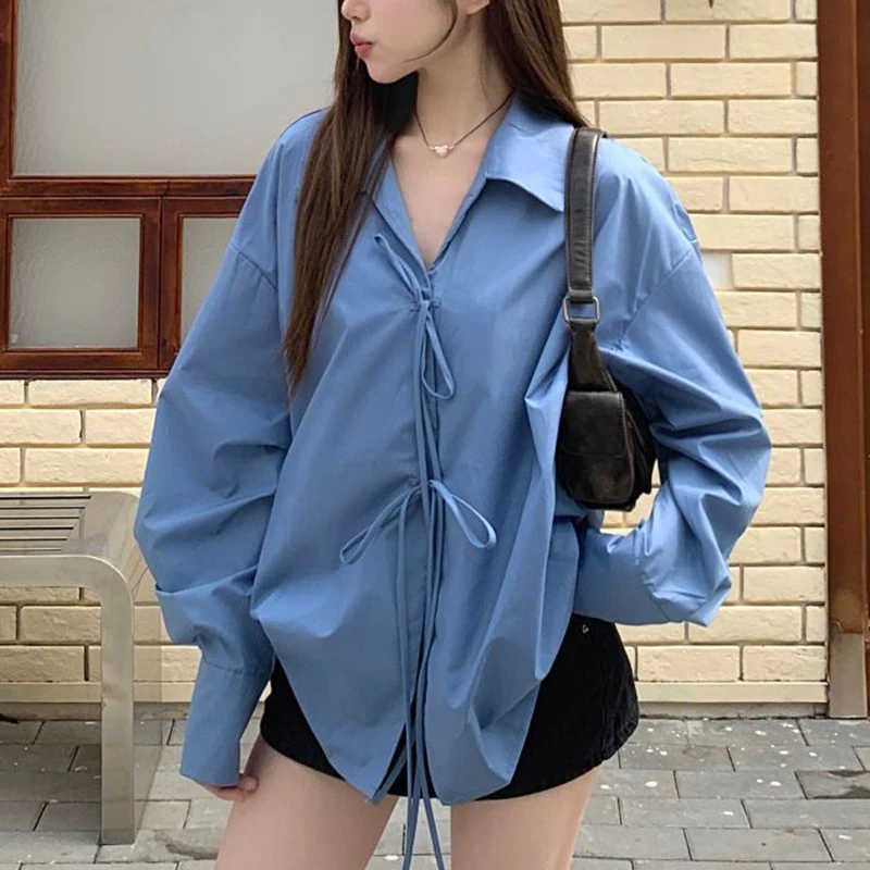 Fashion Loose Shirt Women Casual Bow Lace Up Long Sleeve Chic Blouse Spring Autumn Office Lady Solid Simple All Match Tops New