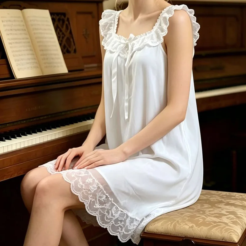 Women Sleeping Gown Sleeveless Ruffles Mesh Modal V-Neck Dress Summer Lace French Vintage Princess Sleepwear Home Wear view 6
