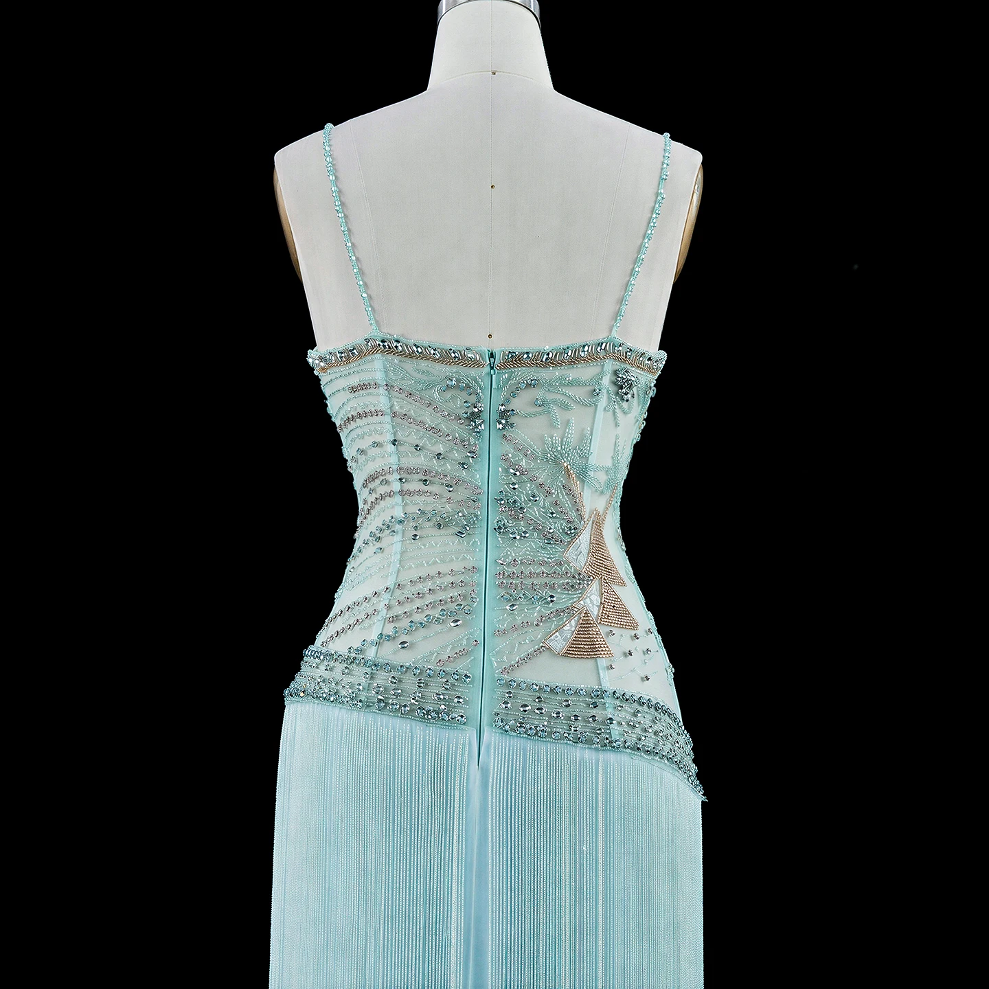 Sharon Said Abendkleider Luxus Spaghettiträger Etuikleid Tüll Perlen Quasten Kristalle Dubai Formelles Partykleid SS202 Maßanfertigung – Detail 9