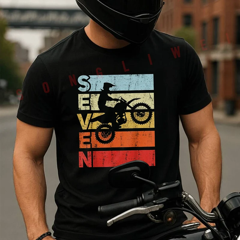 

Motocross 7th Birthday Party MX Dirt Bike Birthday Men's T-shirt Summer Cotton Short Sleeved Casual TShirt O-Neck Unisex Tops