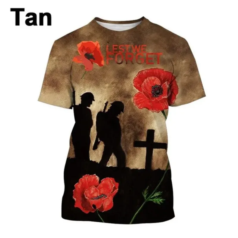 3d Printed Anzac Australia and New Zealand and Maori Manaia Poppy Fern Lest We Forget Short Sleeve Retro T-shirt