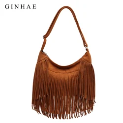 Luxury Tassel Suede Leather Women Bag 2023 New Large Capacity Shoulder Crossbody Bags For Women Retro Nubuck PU Leather Hobos