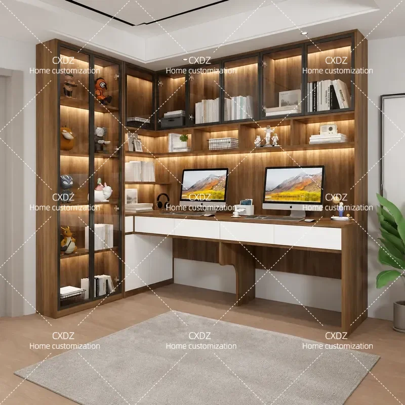 Light Luxury Corner Computer Desk with Bookshelf Solid Wood Double Home Study Table Workbench Integrated Desktop for Office