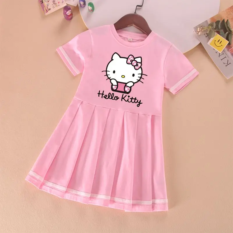 Sanrios Hellokittys Dress Kawaii Kuromi Girl Princess Dress Summer Cotton Short Sleeve Fashion Pleated Skirt Preppy Kids Clothes