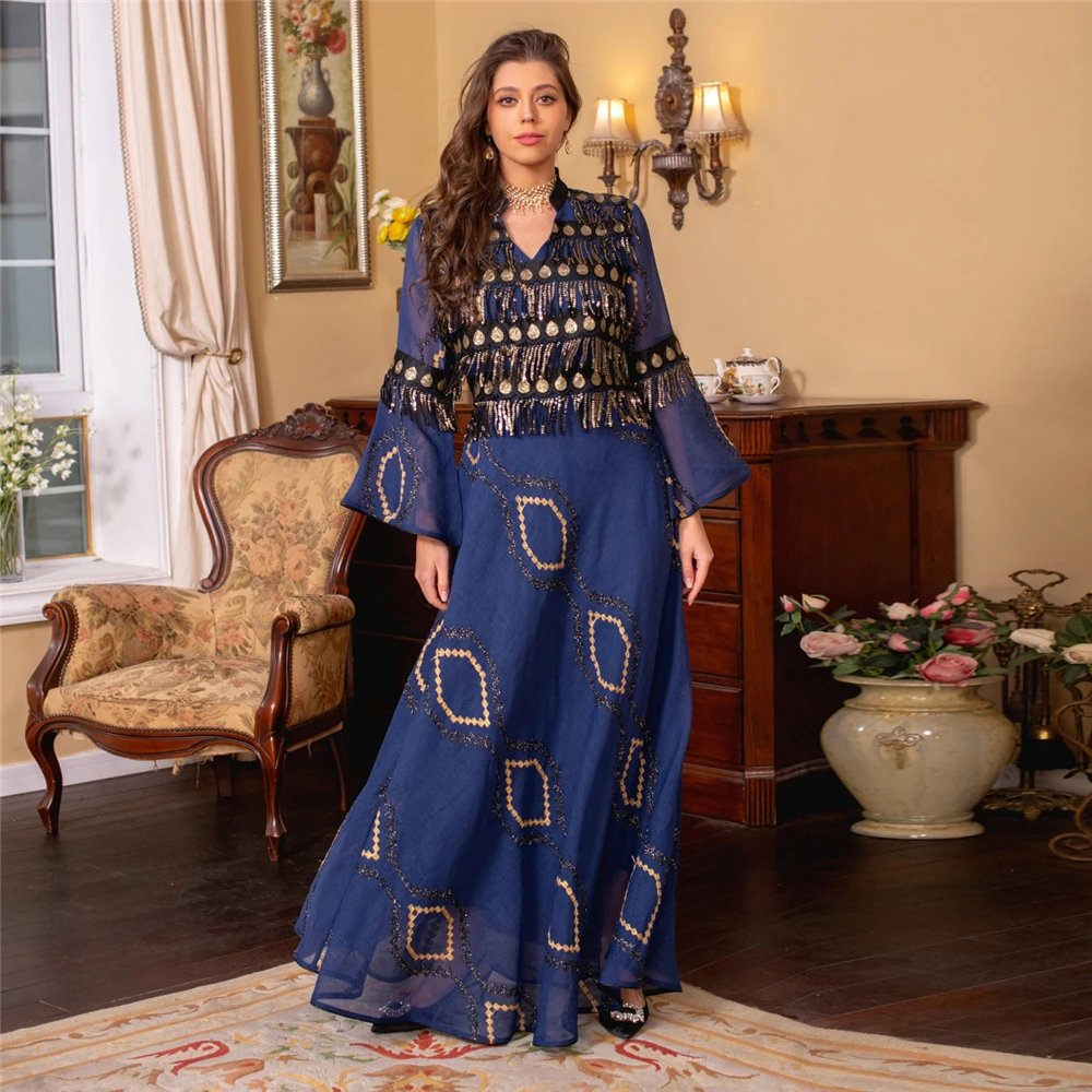 

Luruxy Sequins Embroidery Abaya Dress Middle East Arab Oman Moroccan Caftan Dubai Muslim Party Evening Clothes Women Eid Ramadan