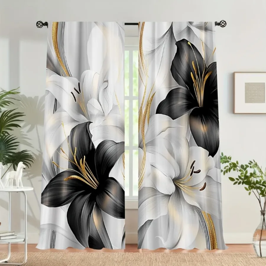 2PCS Digital Print Curtain, Black White Lily Floral Contrast, Elegant Gothic Modern for Living Room Bedroom Kitchen Decor