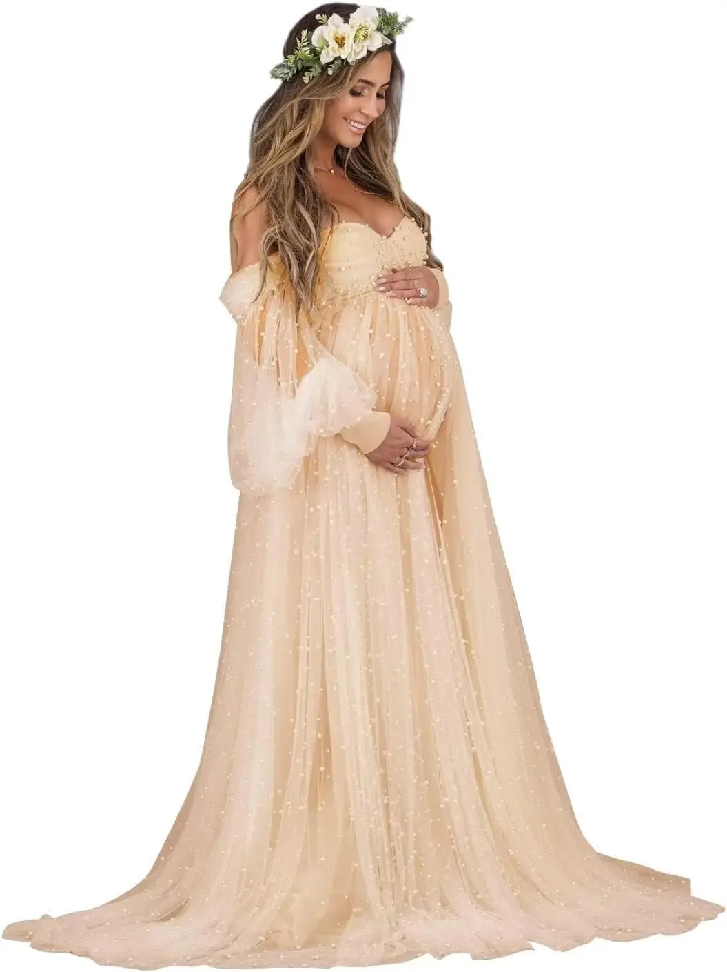Beach Pearl Tulle Maternity Dress for Photoshoot Long Puffy Sleeve Off Shoulder Pregnancy Gowns BabyShower Dresses Luxury Dress