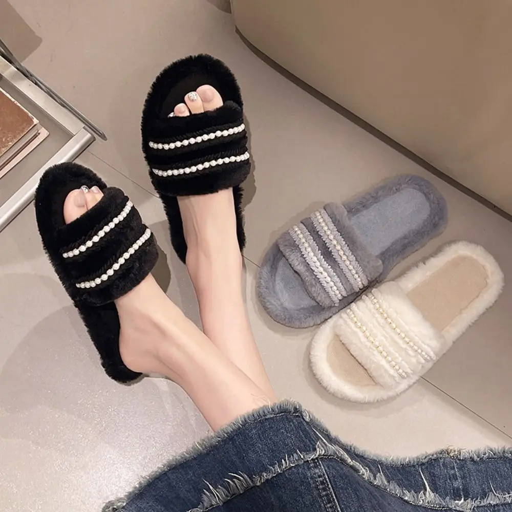 

Милые плюшевые тапочки с жемчугом на толстой подошве, пушистые нескользящие теплые меховые тапочки, зимние домашние и уличные леопардовые тапочки Y2k, осень/зима