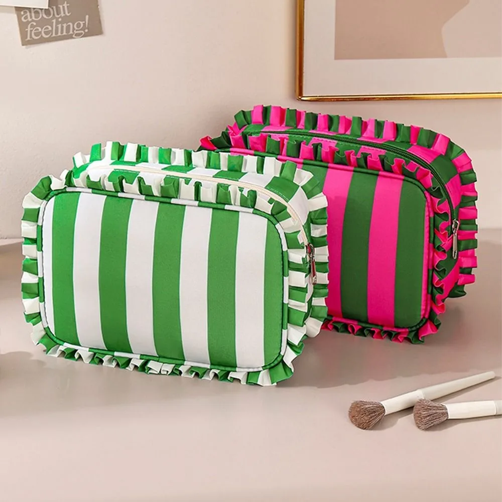 Ruffle Decoration Striped Cosmetic Bag Oxford Zip Top Striped Makeup Organizer Colorful Large Capacity Women's Makeup Case
