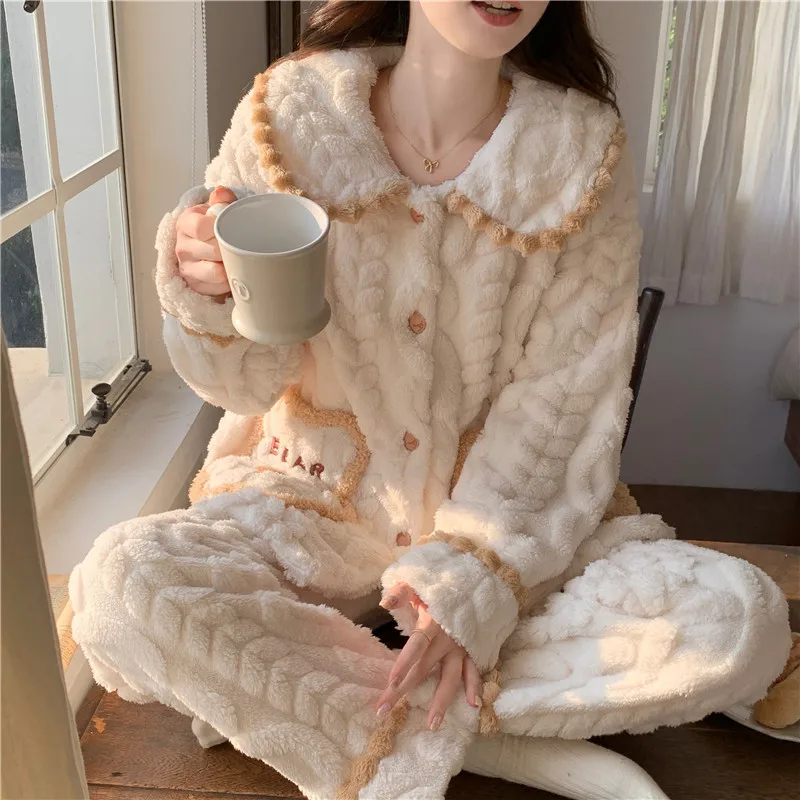 

Women's Pajamas Set Princess Style Coral Velvet Flannel Winter Warm Thick Sleepwear Sweet Loungewear Home Clothes Nightwear Set