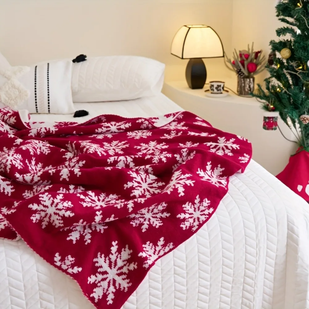 1pc Red Marry Christmas Blanket Snowflake Print Skin-friendly Blanket for Home Living Room Decor New Year Christmas Gift