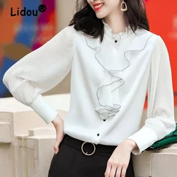 Women Clothing Korean Fashion Ruffles Elegant Button Shirts Office Lady Casual Chic Chiffon Blouses Black White Long Sleeve Tops