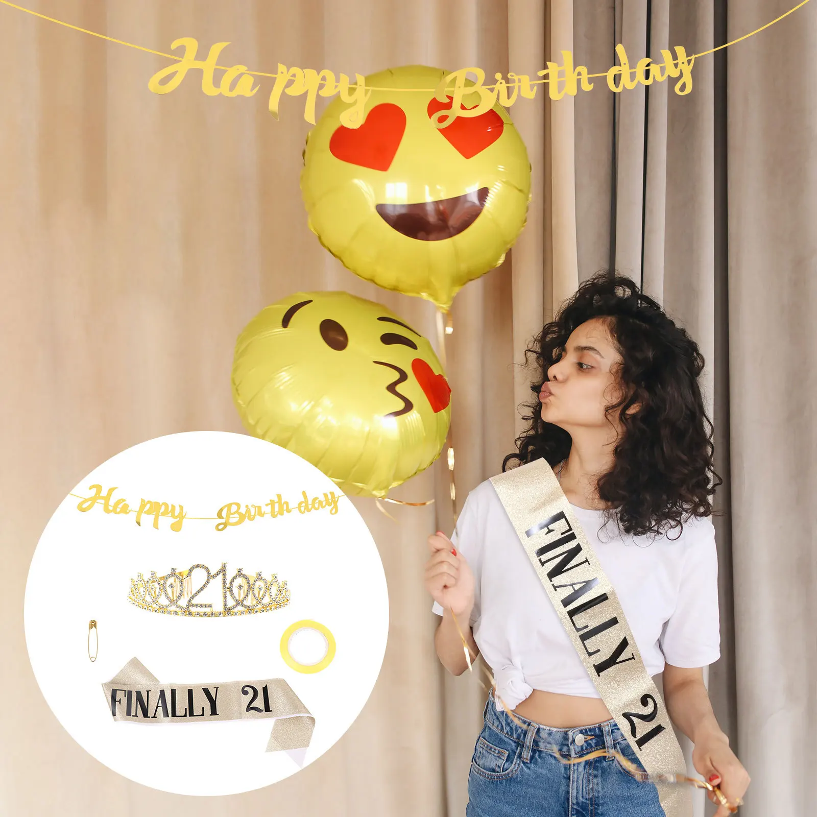 

Birthday Crown Sash Set Rhinestone Gold Glitter Banner Party Headdress For Women Birthday Party Supplies Decoration