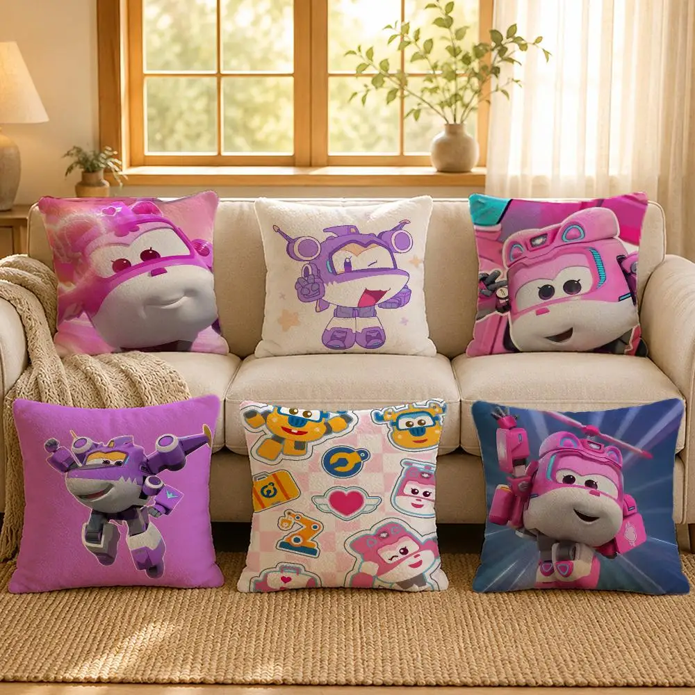 Super Wings Aircraft Cushion Cover Personalized Short Plush Soft Bedroom Sofa Home Decor Gift