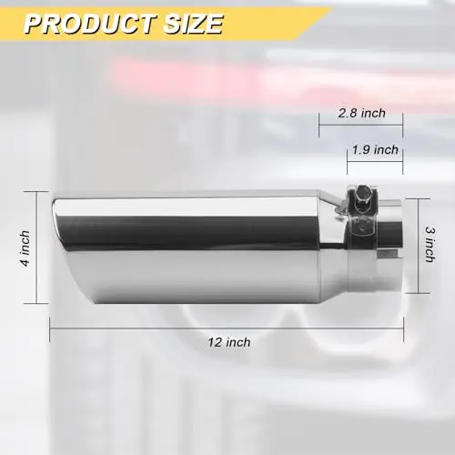 

Stainless Steel Clamp-On Exhaust Tip: 3″ Inlet, 4″ Outlet, 12″ Length, Rolled Edge, Angled Sleek Cut, Polished Finish