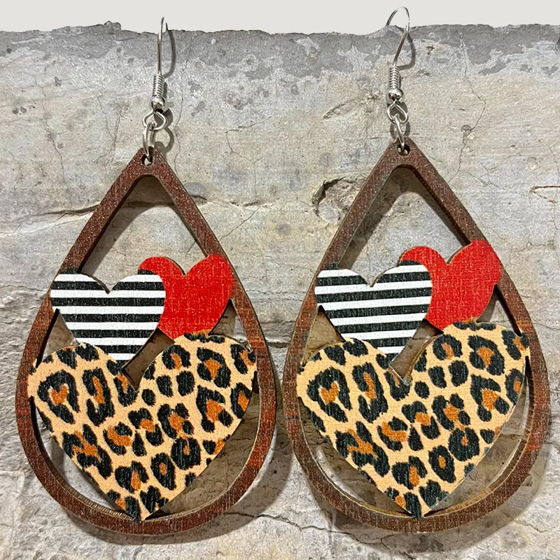 

Cheetah Leopard Wood Teardrop Black Red Plaid Buffalo Love Heart Dangle Earrings for Women Valentine's Holiday Jewelry Gifts