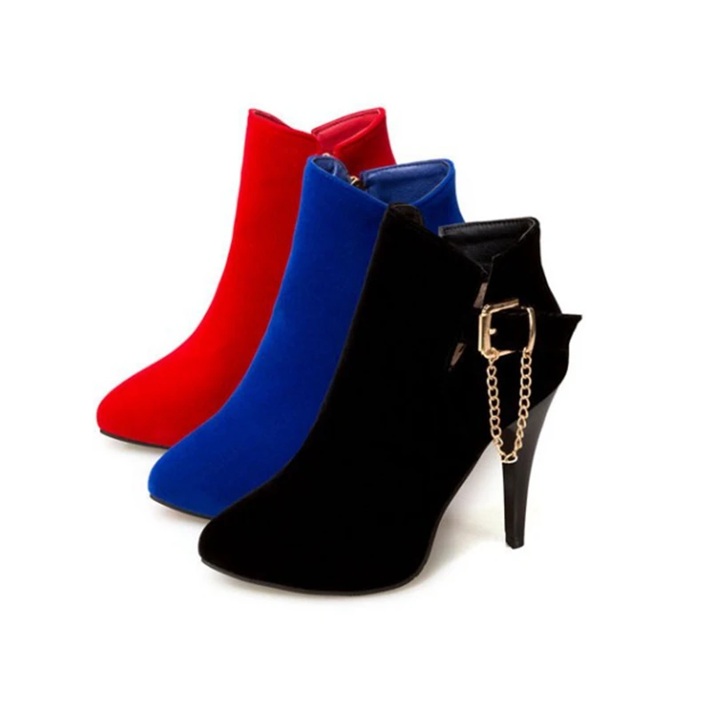 REAVE CAT 2024 Ankle Boots Pointed Toe Thin Heels Flock Buckle Big Size 30-50 Black Blue Red S2677