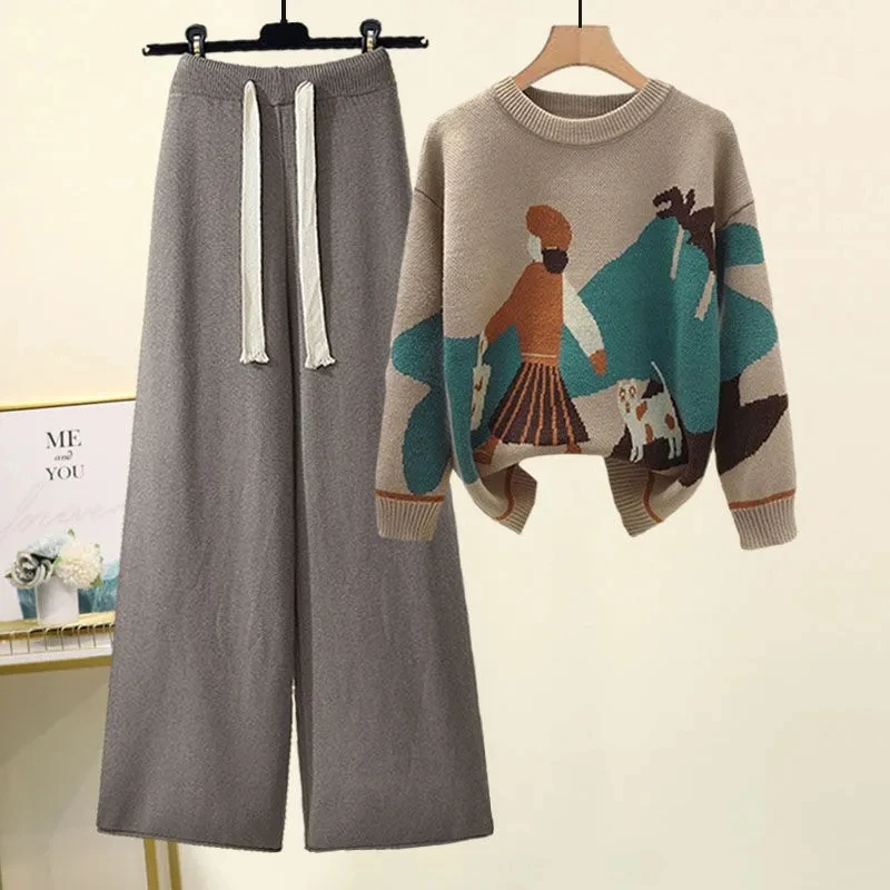 Knitted Embroidery Oversize 4xl Suit Fall Winter Womens Sweater Pullovers Tops+Knit Wide Leg Pants Outfit Knitwears 2 Piece Sets